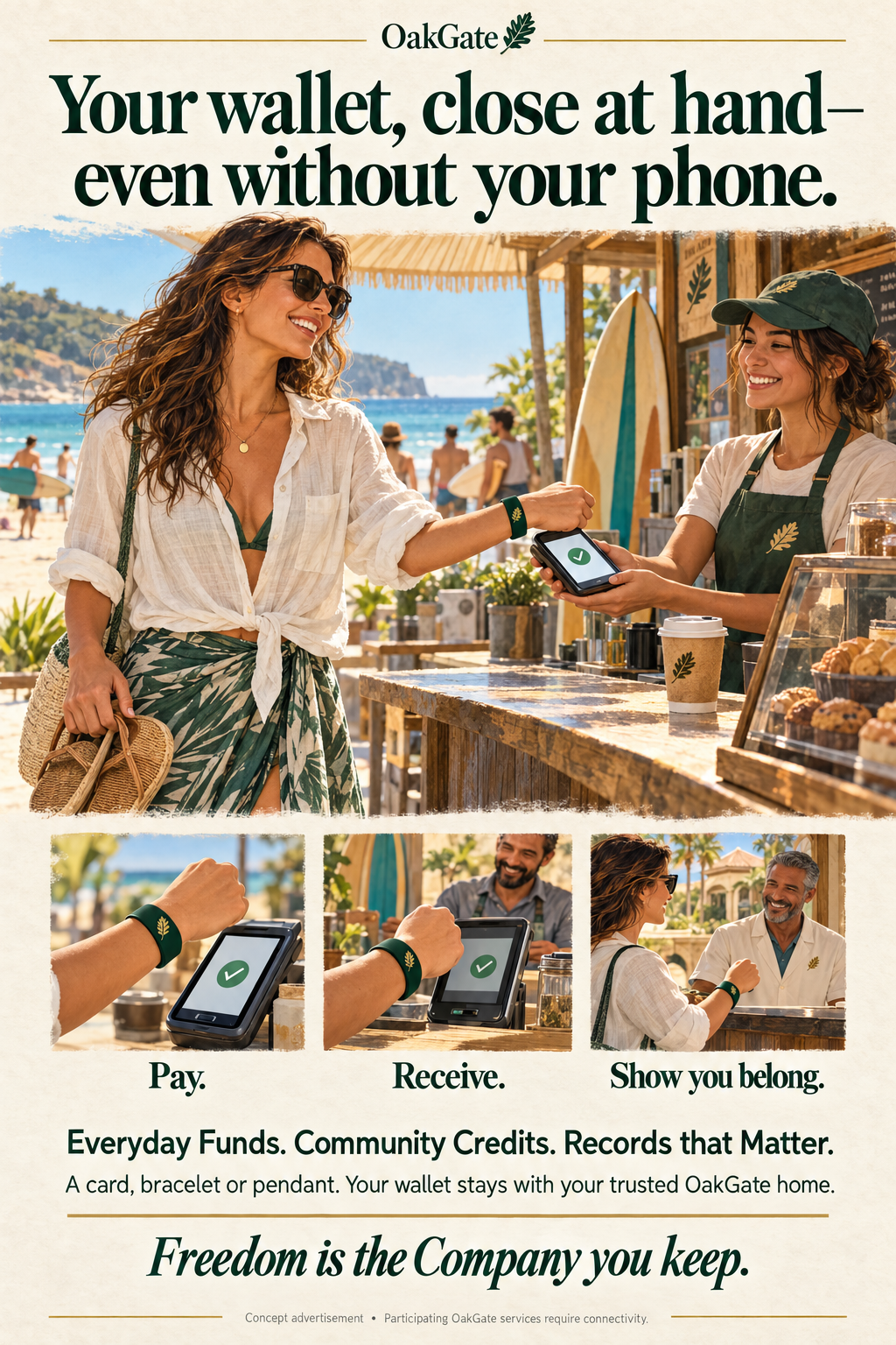 OakGate mock ad: Your wallet, close at hand—even without your phone. A woman at a seaside kiosk taps a green NFC bracelet against a merchant’s handheld reader. Three scenes show Pay, Receive, and Show you belong.
