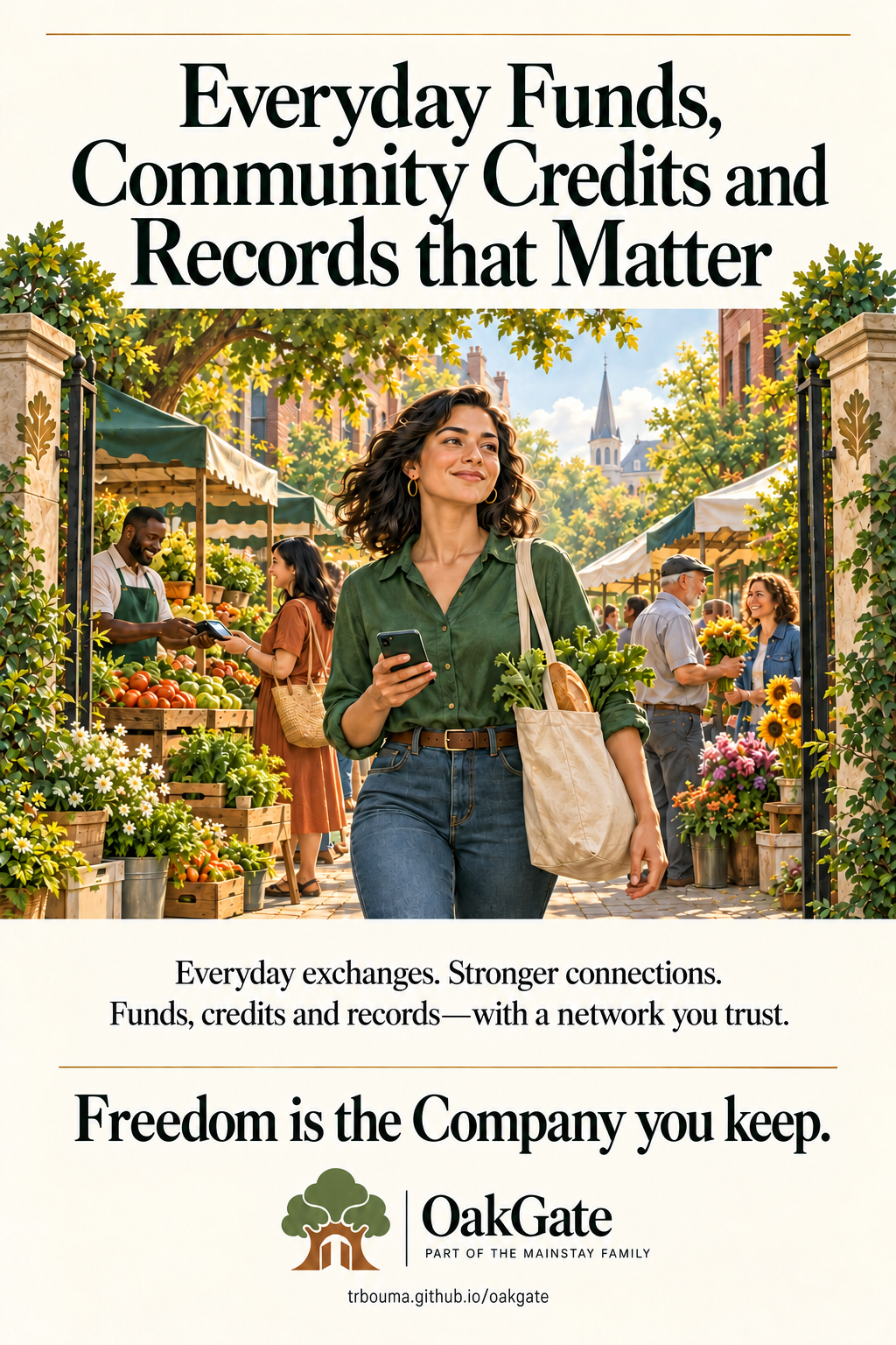 OakGate full-page ad: Everyday Funds, Community Credits and Records that Matter. A community member holds her phone and groceries in a welcoming market. The closing tagline reads Freedom is the Company you keep.