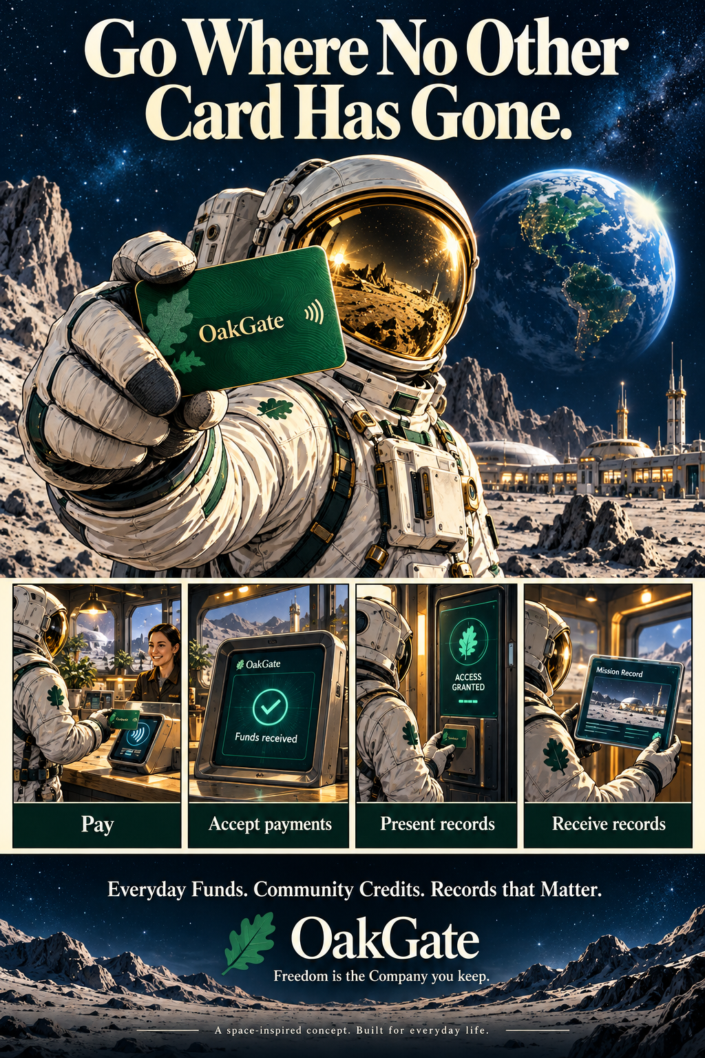 An astronaut holds a green OakGate NFC card on a lunar landscape, with Earth beyond. Four illustrated panels show Pay, Accept payments, Present records and Receive records. The headline reads Go Where No Other Card Has Gone.
