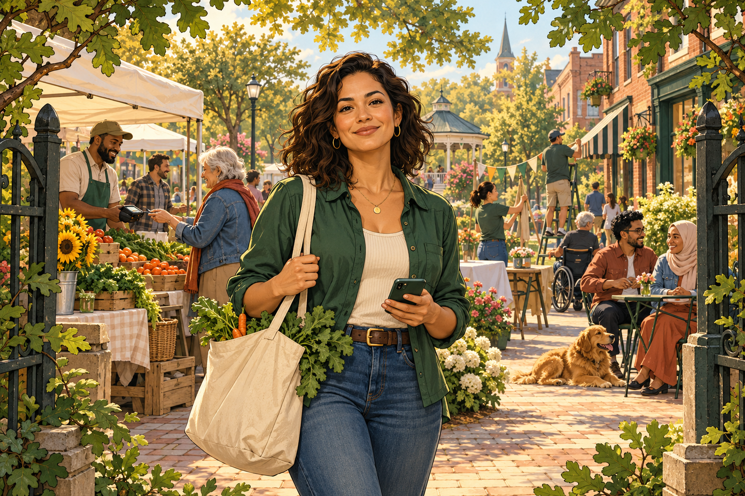 Leah stands confidently in a lively neighbourhood market, holding her phone and a grocery bag as neighbours exchange goods and help with a community event.
