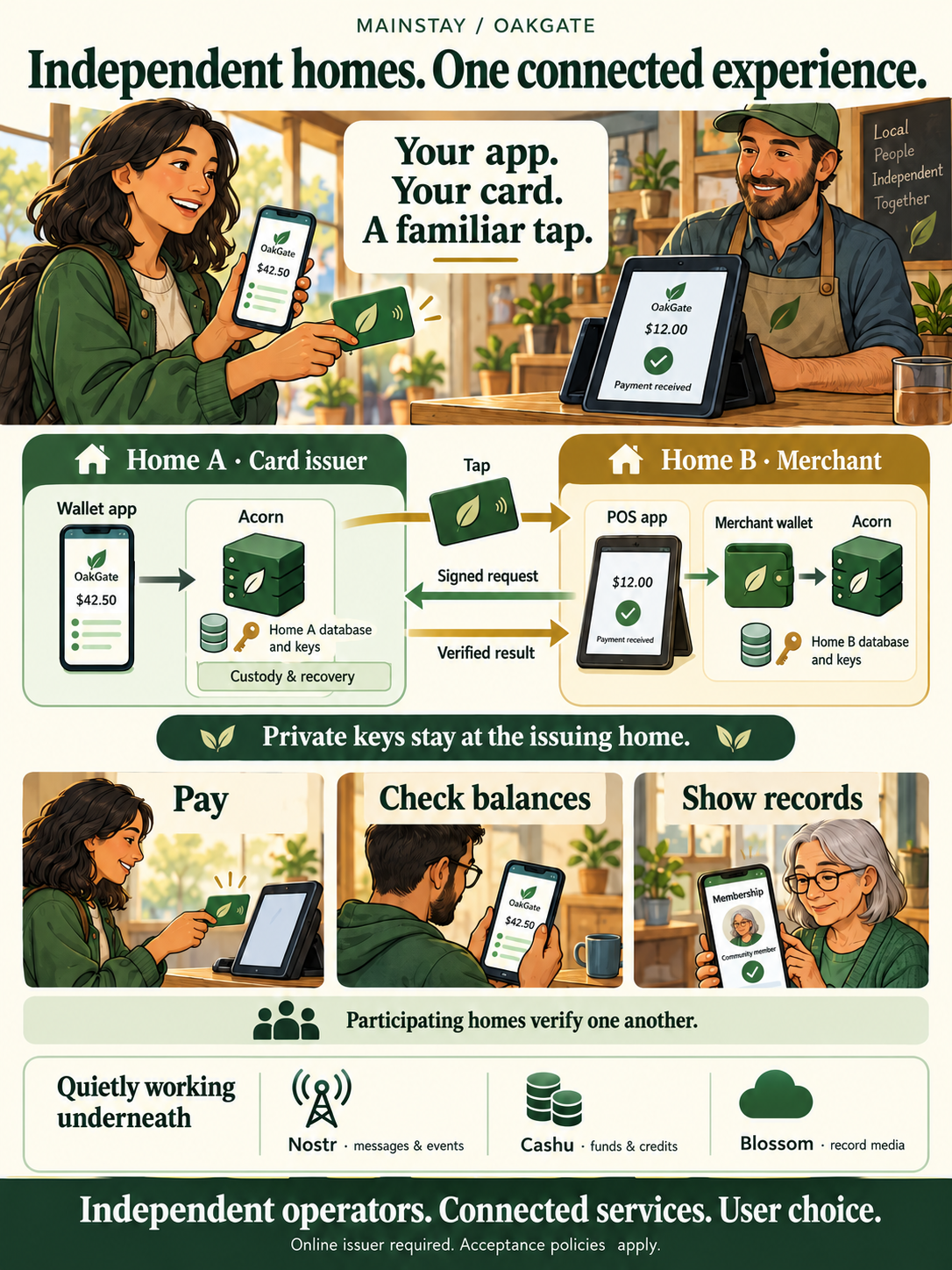 A wallet, card and merchant POS connect across two independent OakGate homes, with private keys retained at the issuing home.