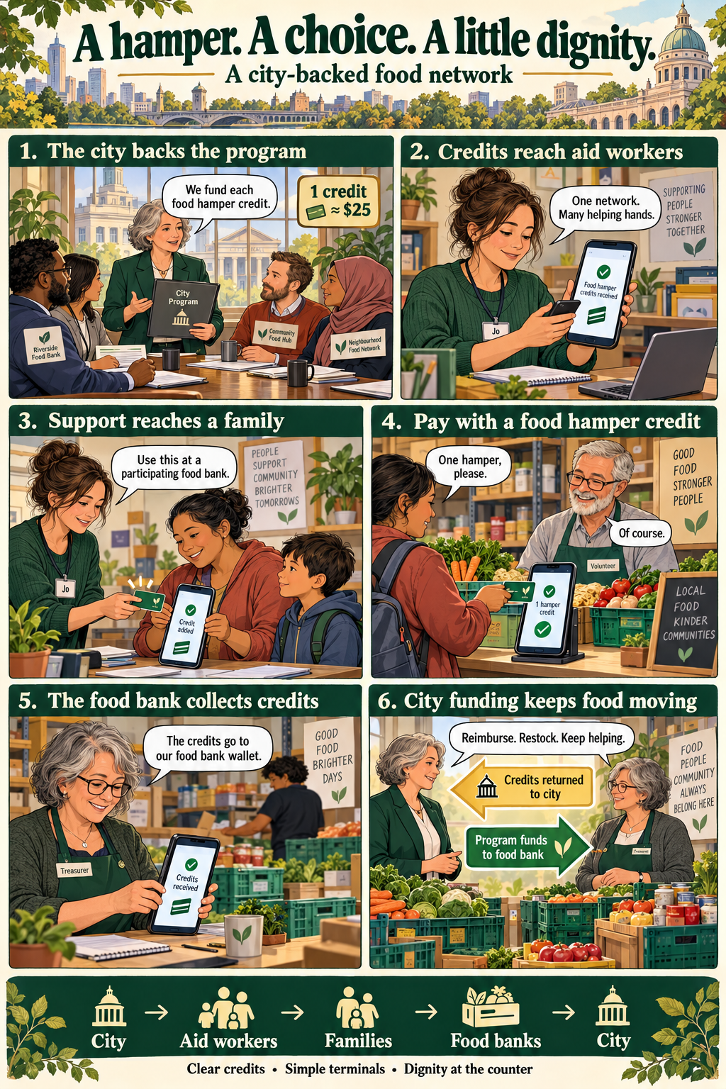 A city-backed food hamper credit moving through a community network
