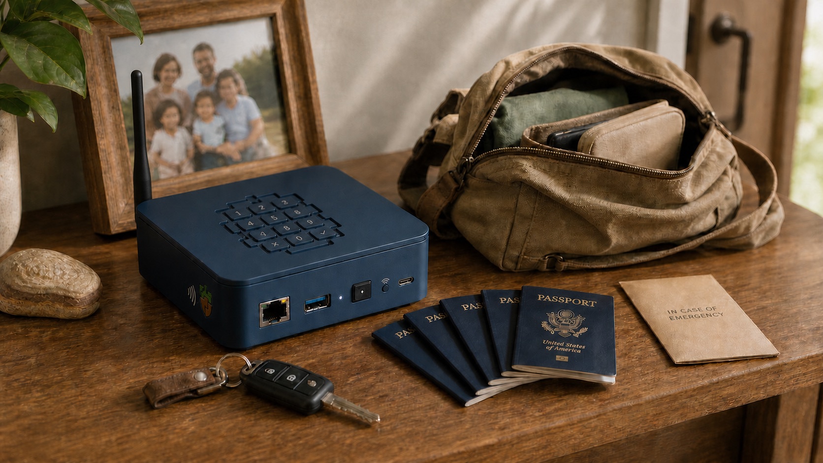 Concept illustration of a compact Safebox appliance with an integrated keypad, NFC tap point, short LoRa-style antenna, and physical Wi-Fi control, ready beside travel documents, keys, essential records, and a family photograph