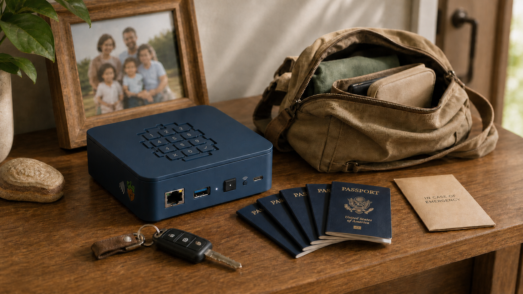 Concept illustration of a compact Safebox appliance with an integrated keypad, NFC tap point, and physical Wi-Fi control, ready to be packed beside an open go-bag, car keys, five passports, an emergency folder, and a family photograph