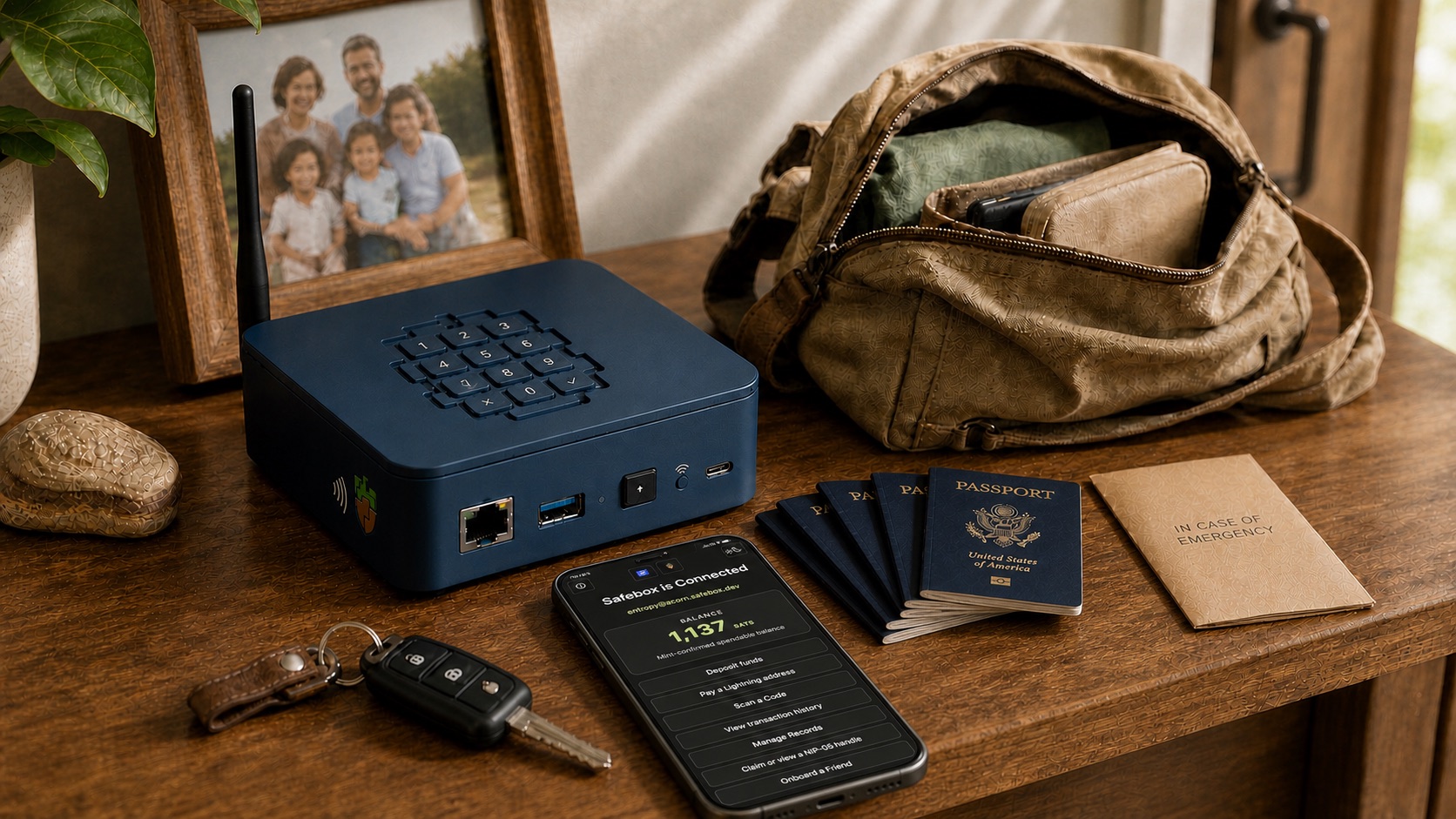 Concept illustration of a phone running Safebox Web beside a compact Lockbox-style Safebox appliance with an integrated keypad, NFC tap point, short LoRa-style antenna, and physical Wi-Fi control, ready beside a small emergency bag, passports, keys, and an emergency folder