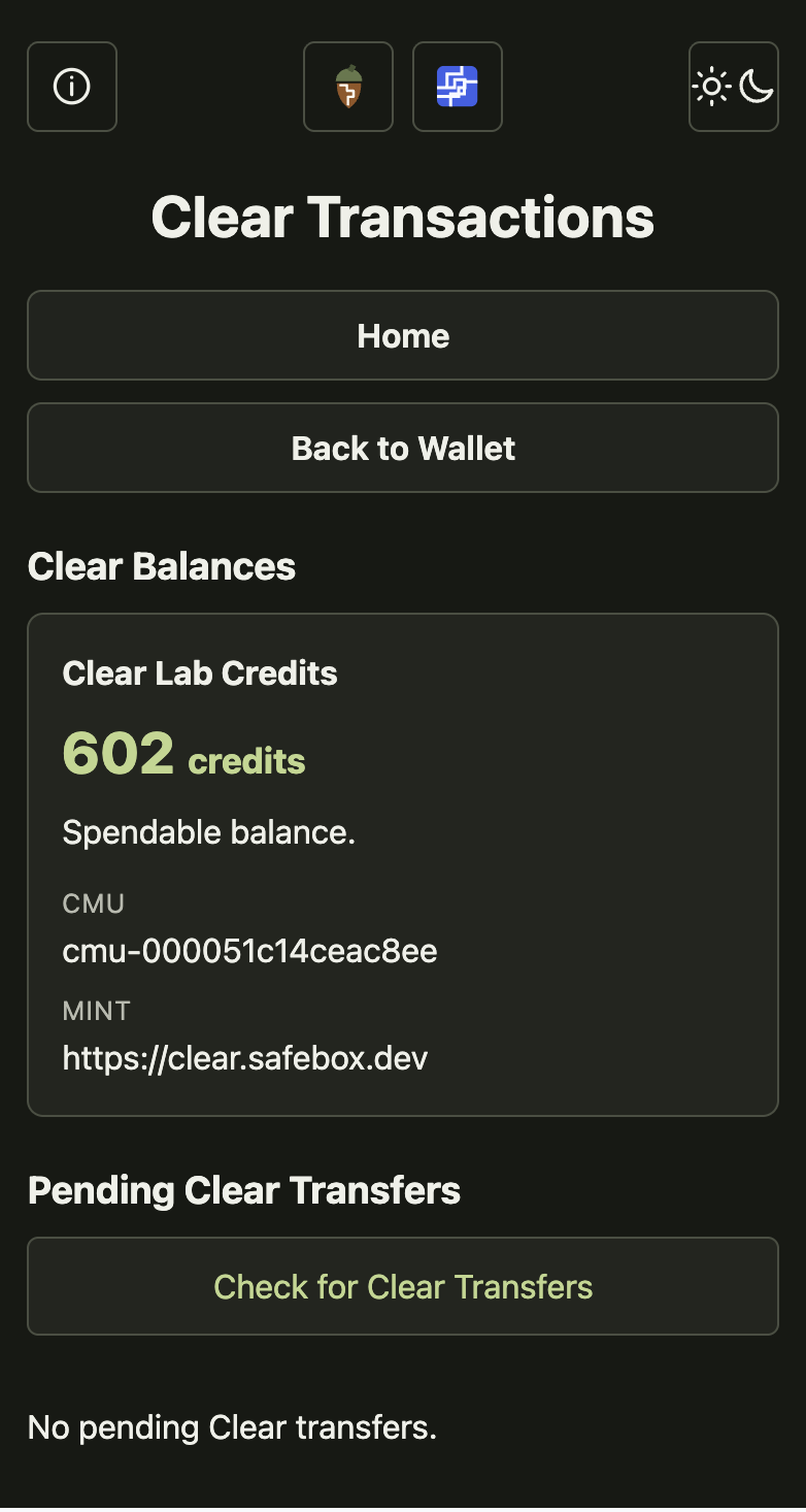 Safebox Web Clear Transactions screen showing 602 spendable Clear Lab Credits, the canonical CMU, issuing mint, and a separate pending-transfer check