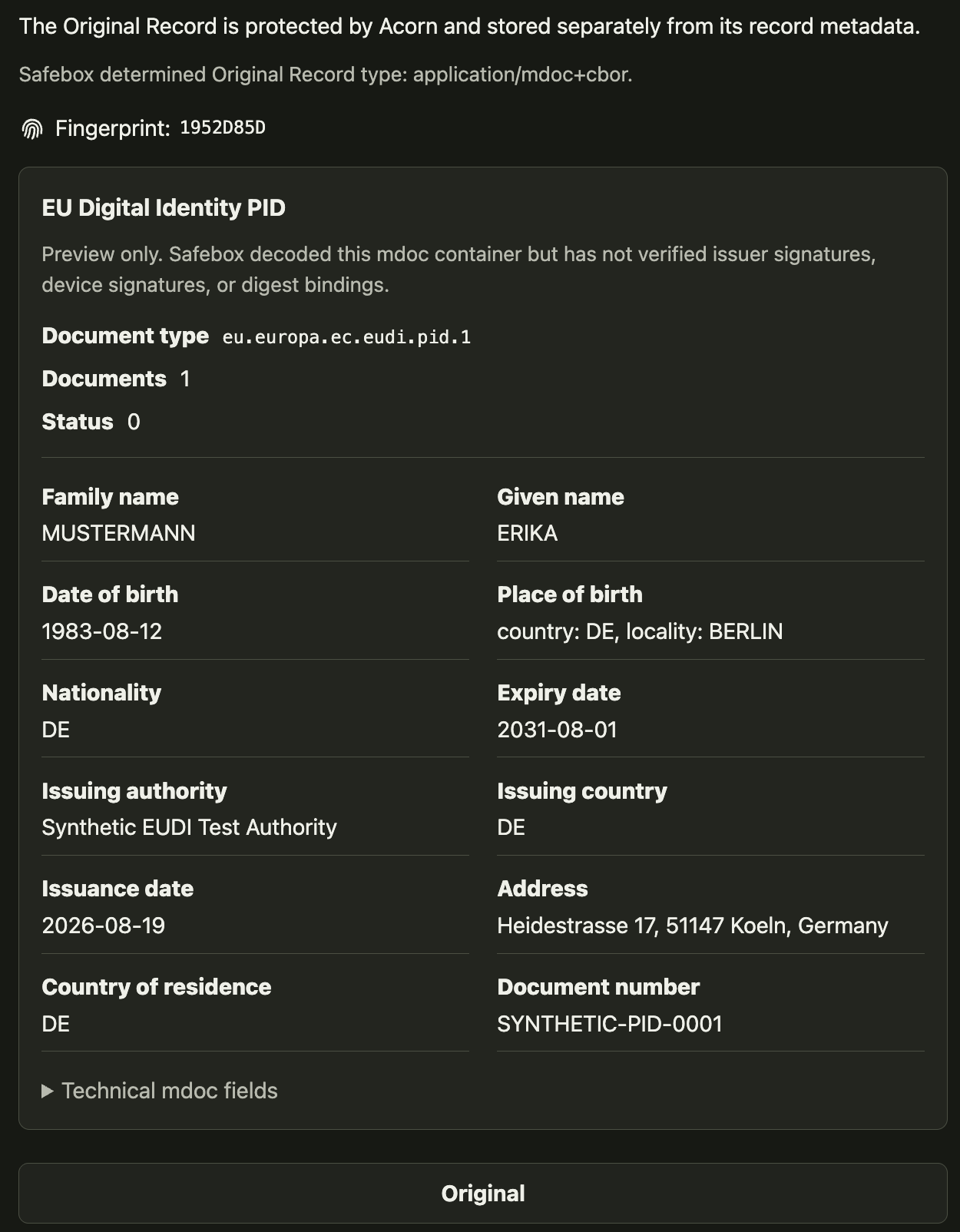 Safebox Web Record File preview for a synthetic EU Digital Identity PID, showing its application/mdoc+cbor effective MIME, Record File Fingerprint, document type, identity attributes, issuing information, address, and preview-only verification notice