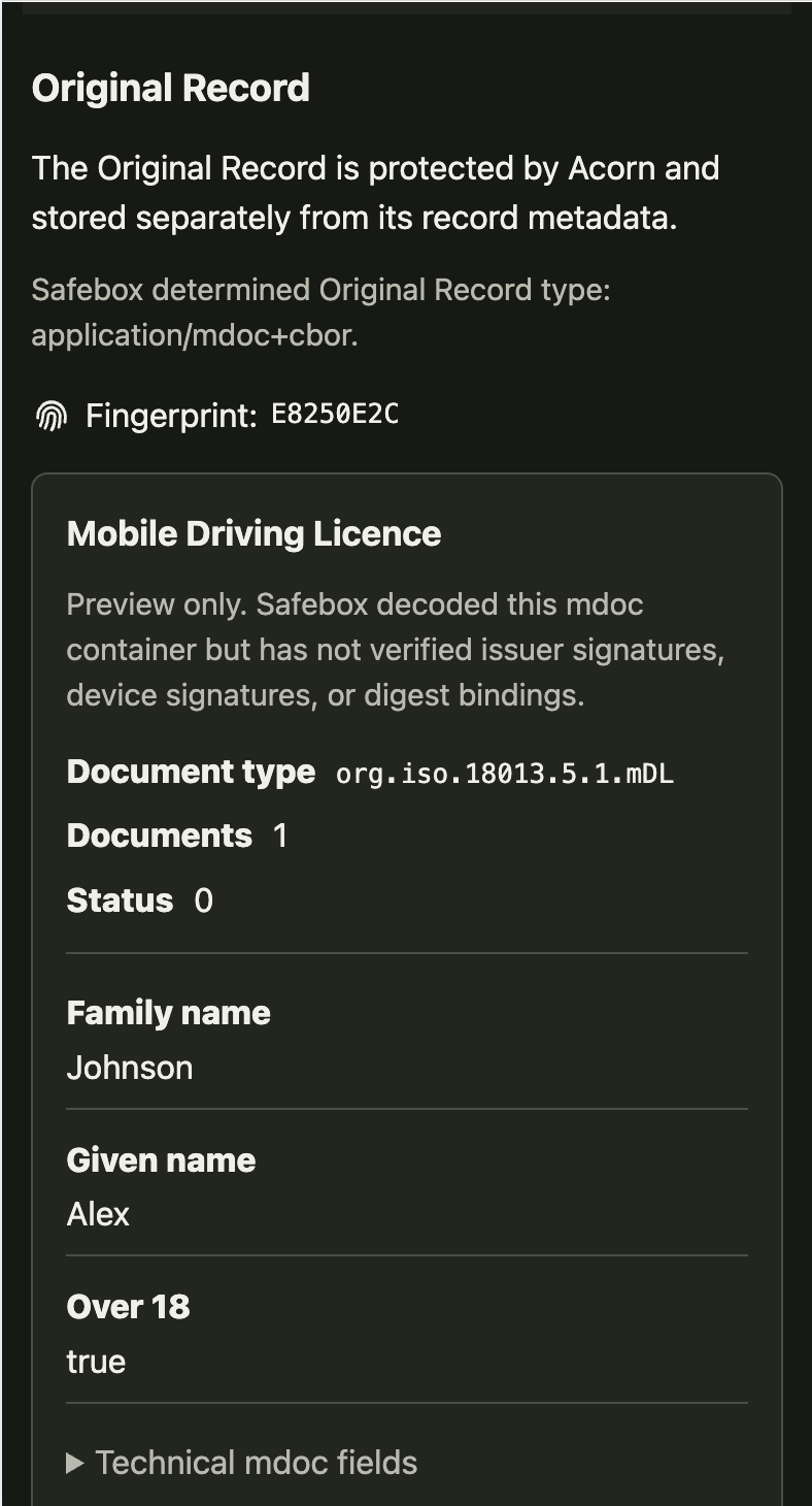 Safebox Web Record File preview for a synthetic ISO mobile driving licence, showing its application/mdoc+cbor effective MIME, Record File Fingerprint, document type, identity fields, and preview-only verification notice