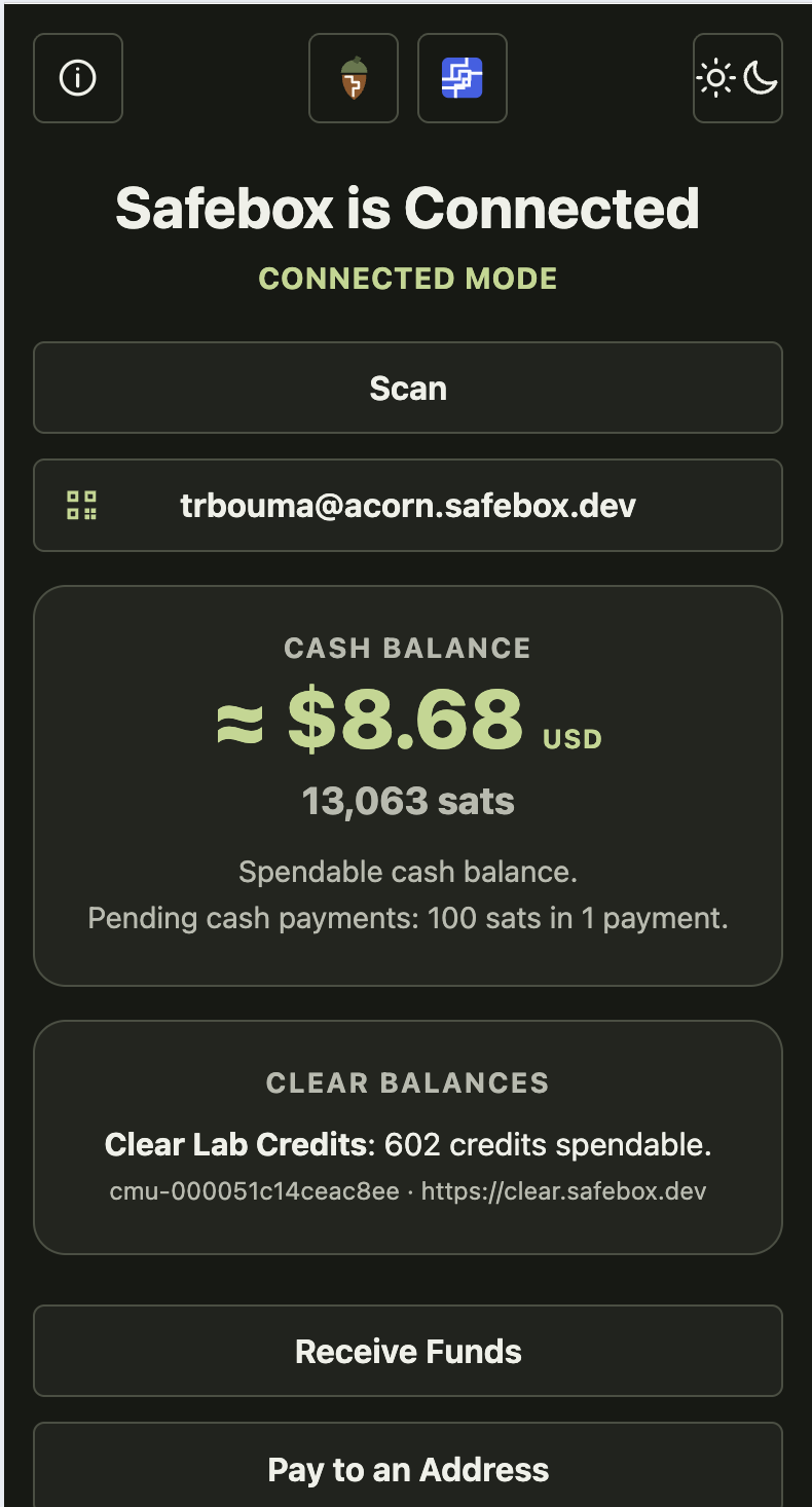 Safebox Web mobile app in Connected Mode showing a mint-confirmed balance and pending transactions