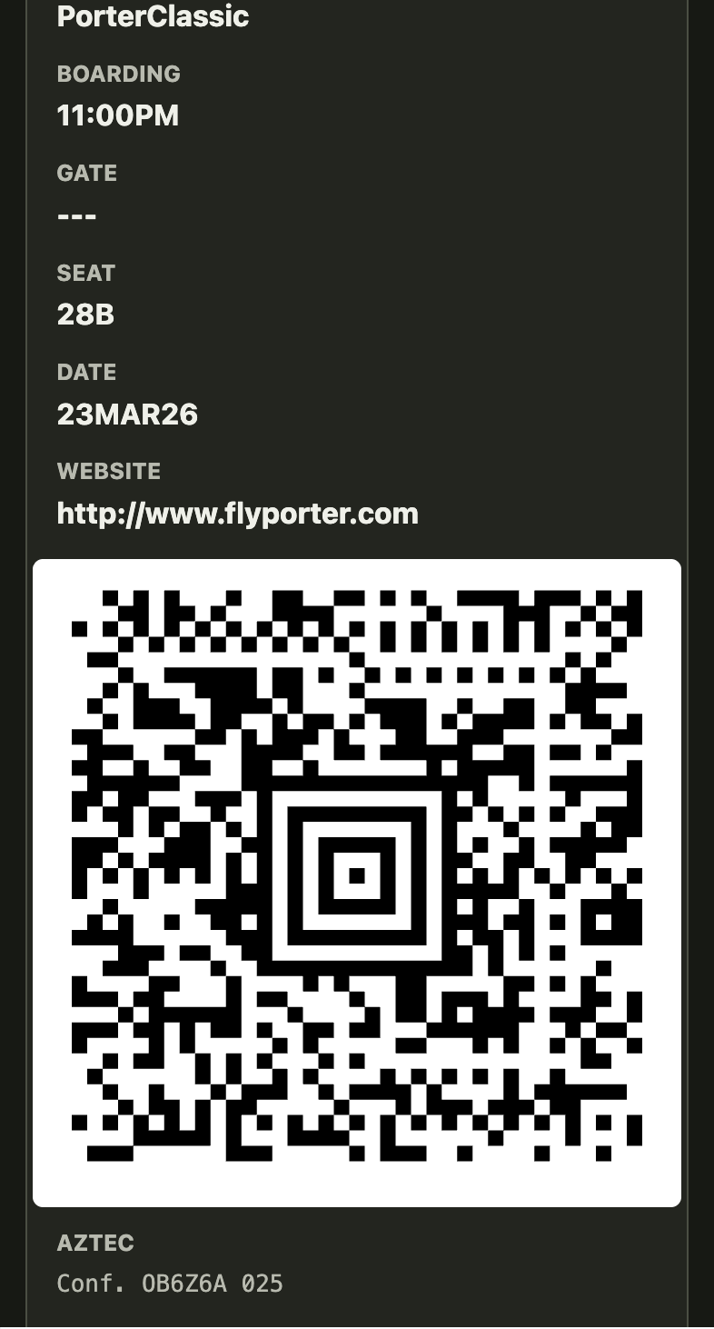 Safebox Web rendering an Apple Wallet boarding pass with boarding time, seat, date, website, and a large scannable Aztec barcode