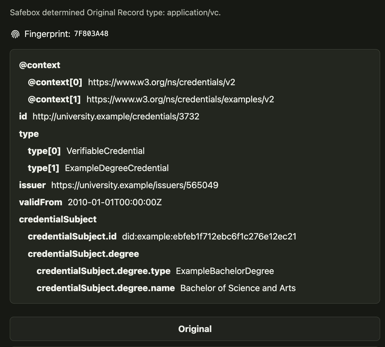 Safebox Web Record File preview for a W3C Verifiable Credential, showing its application/vc effective MIME, Record File Fingerprint, credential contexts and types, issuer, validity date, subject identifier, and degree claims
